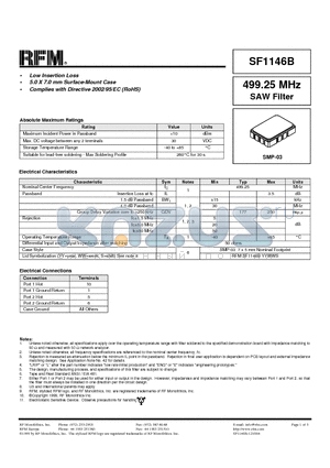 SF1146B datasheet - 499.25 MHz SAW Filter