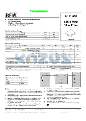 SF1182B datasheet - 836.5 MHz SAW Filter