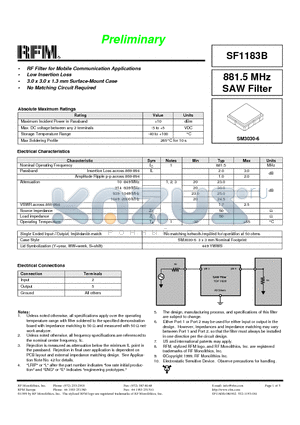 SF1183B datasheet - 881.5 MHz SAW Filter