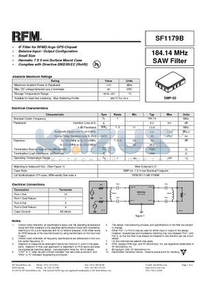 SF1179B datasheet - 184.14 MHz SAW Filter