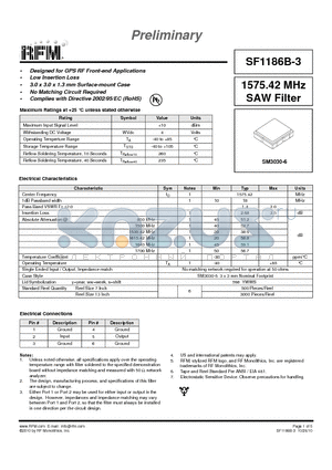 SF1186B-3 datasheet - 1575.42 MHz SAW Filter