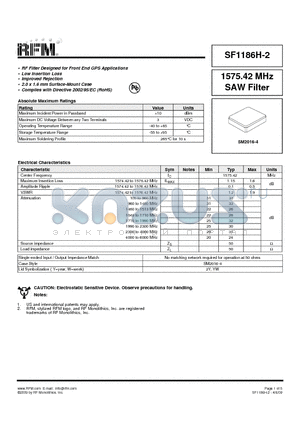 SF1186H-2 datasheet - 1575.42 MHz SAW Filter