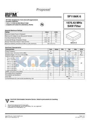 SF1186K-5 datasheet - 1575.42 MHz SAW Filter