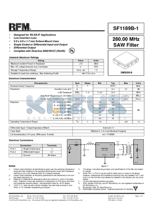 SF1189B-1 datasheet - 280.00 MHz SAW Filter