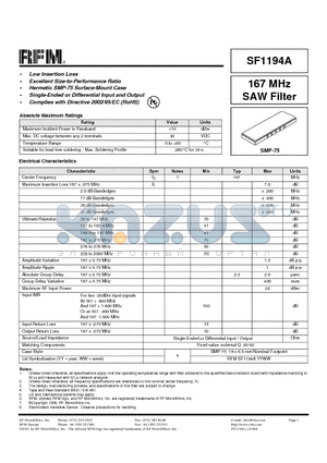 SF1194A datasheet - 167 MHz SAW Filter