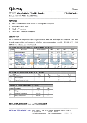 PT-3500-F datasheet - 5V / 155 Mbps InGaAs PIN-TIA Receiver InGaAs PIN-TIA WITH RECEPTACLE