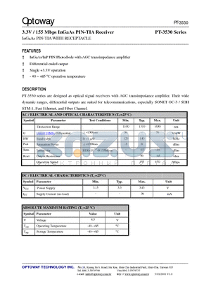 PT-3500B-F datasheet - 3.3V / 155 Mbps InGaAs PIN-TIA Receiver InGaAs PIN-TIA WITH RECEPTACLE