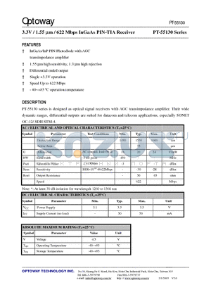 PT-35130 datasheet - 3.3V / 1.55 lm / 622 Mbps InGaAs PIN-TIA Receiver