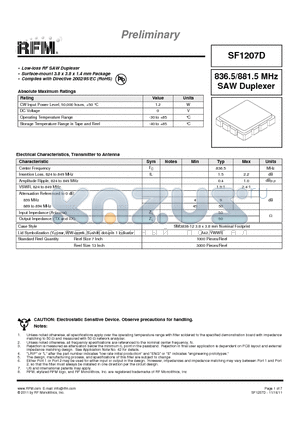 SF1207D datasheet - 836.5/881.5 MHz SAW Duplexer