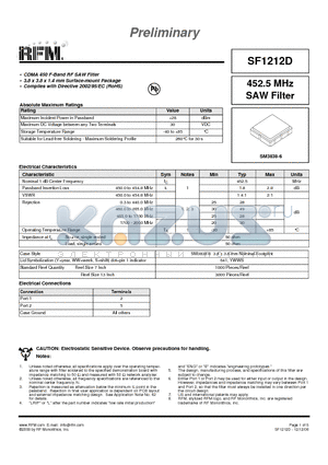 SF1212D datasheet - 452.5 MHz SAW Filter