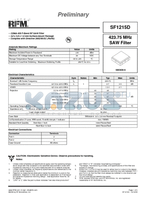 SF1215D datasheet - 423.75 MHz SAW Filter