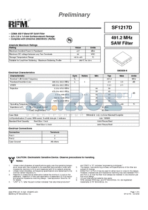 SF1217D datasheet - 491.2 MHz SAW Filter