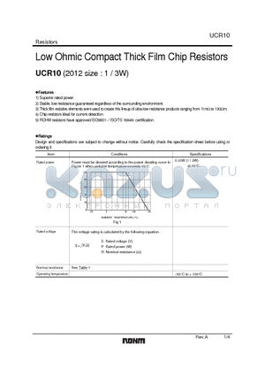 UCR10EVHJL datasheet - Low Ohmic Compact Thick Film Chip Resistors