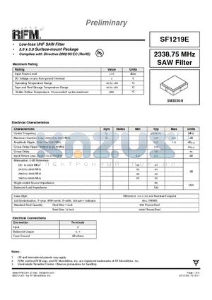 SF1219E datasheet - 2338.75 MHz SAW Filter
