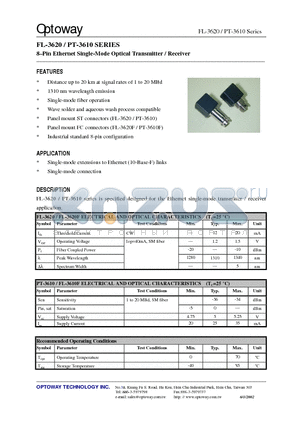 PT-3610F datasheet - 8-Pin Ethernet Single-Mode Optical Transmitter / Receiver