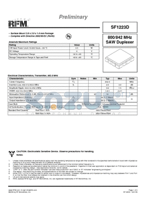 SF1223D datasheet - 800/842 MHz SAW Duplexer