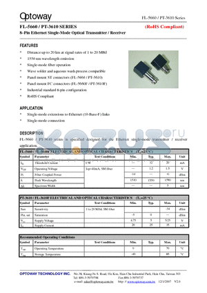 PT-3610F datasheet - 8Pin Ethernet Single-Mode Optical Transmitter / Receiver