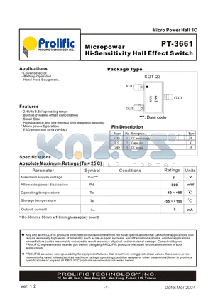 PT-3661 datasheet - Micropower Hi-Sensitivity Hall Effect Switch