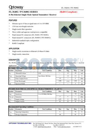 PT-3600G datasheet - 8-Pin Ethernet Single-Mode Optical Transmitter / Receiver