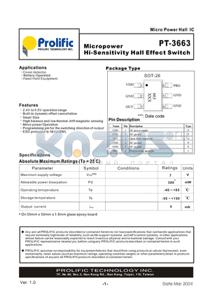 PT-3663 datasheet - Micropower Hi-Sensitivity Hall Effect Switch