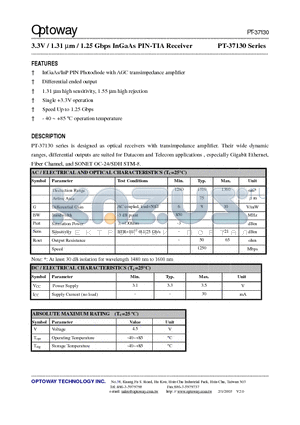 PT-37130 datasheet - 3.3V / 1.31 lm / 1.25 Gbps InGaAs PIN-TIA Receiver