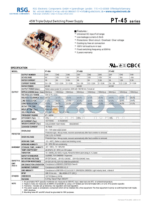 PT-45B datasheet - 45W Triple Output Switching Power Supply