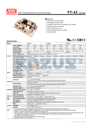 PT-45A datasheet - 45W Triple Output Switching Power Supply