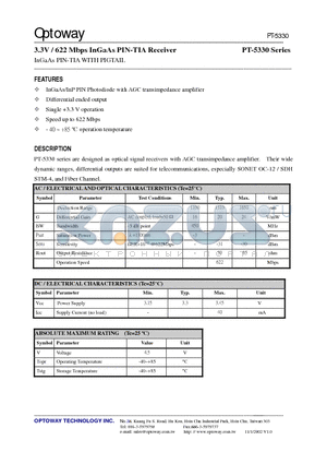 PT-5330_0211 datasheet - 3.3V / 622 Mbps InGaAs PIN-TIA Receiver