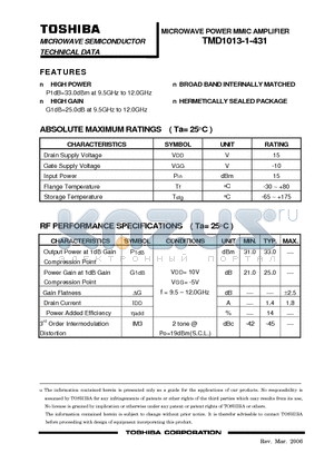 TMD1013-1-431 datasheet - MICROWAVE POWER MMIC AMPLIFIER