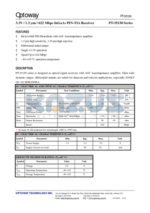 PT-55130 datasheet - 3.3V / 1.3 lm / 622 Mbps InGaAs PIN-TIA Receiver