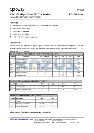 PT-5530-F datasheet - 3.3V / 622 Mbps InGaAs PIN-TIA Receiver InGaAs PIN-TIA WITH RECEPTACLE