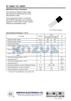 ST13003T datasheet - NPN Silicon Power Transistors