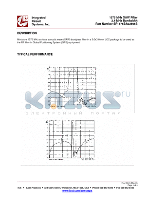 SF1575BA02505S datasheet - 1575 MHz SAW Filter 2.4 MHz Bandwidth