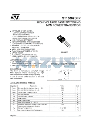 ST13007DFP datasheet - HIGH VOLTAGE FAST-SWITCHING NPN POWER TRANSISTOR