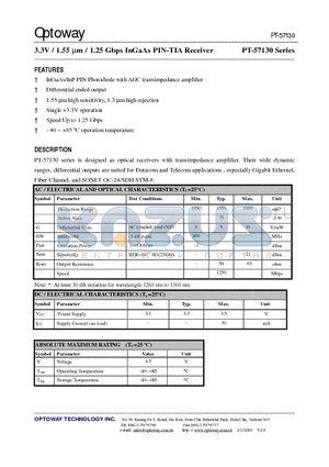 PT-7130 datasheet - 3.3V / 1.55 lm / 1.25 Gbps InGaAs PIN-TIA Receiver
