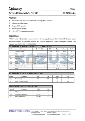 PT-7130B datasheet - 3.3V / 1.25 Gbps InGaAs PIN-TIA