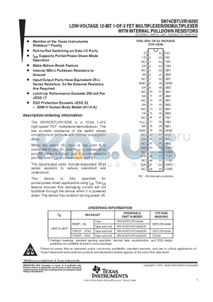 SN74CBTLVR16292LR datasheet - LOW-VOLTAGE 12-BIT 1-OF-2 FET MULTIPLEXER/DEMULTIPLEXER WITH INTERNAL PULLDOWN RESISTORS