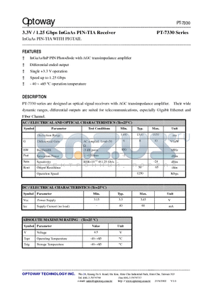 PT-7330 datasheet - 3.3V / 1.25 Gbps InGaAs PIN-TIA Receiver InGaAs PIN-TIA WITH PIGTAIL