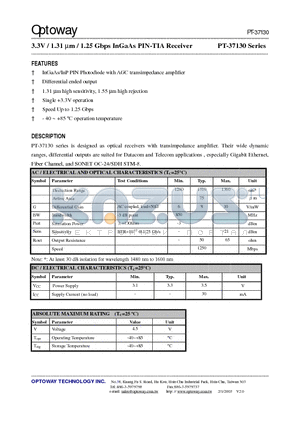 PT-7130 datasheet - 3.3V / 1.31 lm / 1.25 Gbps InGaAs PIN-TIA Receiver