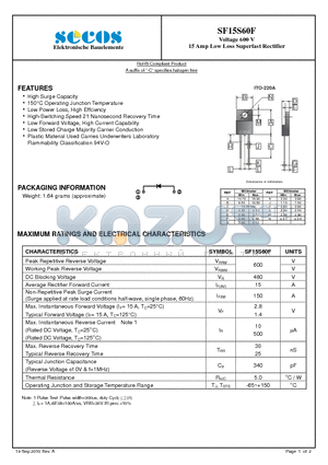 SF15S60F datasheet - 15 Amp Low Loss Superfast Rectifier