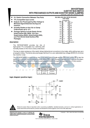 SN74CBTS6800 datasheet - 10-BIT FET BUS SWITCH WITH PRECHARGED OUTPUTS AND SCHOTTKY DIODE CLAMPING