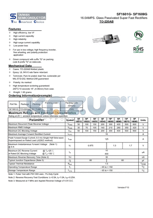 SF1601G datasheet - 16.0AMPS. Glass Passivated Super Fast Rectifiers