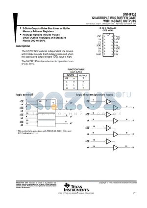 SN74F125D datasheet - QUADRUPLE BUS BUFFER GATE WITH 3-STATE OUTPUTS