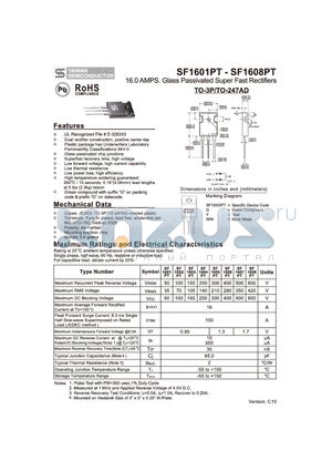 SF1602PT datasheet - 16.0 AMPS. Glass Passivated Super Fast Rectifiers