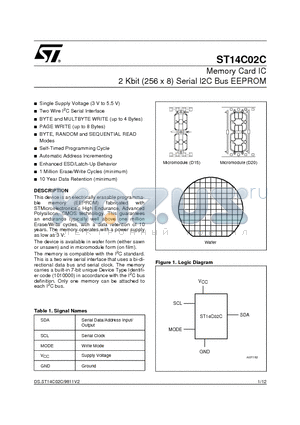 ST14C02C-S42 datasheet - Memory Card IC 2 Kbit 256 x 8 Serial I2C Bus EEPROM