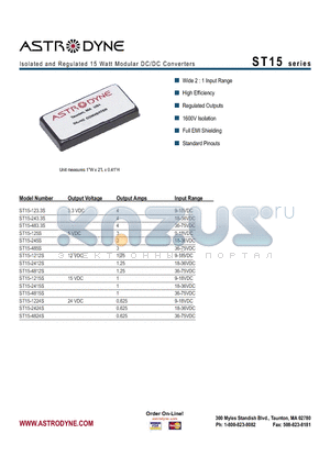 ST15 datasheet - Isolated and Regulated 15 Watt Modular DC/DC Converters
