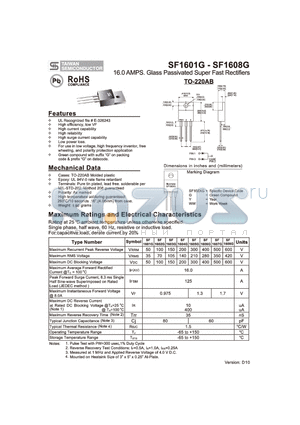 SF1608G datasheet - 16.0 AMPS. Glass Passivated Super Fast Rectifiers