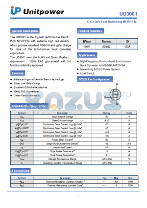 UD3001 datasheet - P-Ch 30V Fast Switching MOSFETs