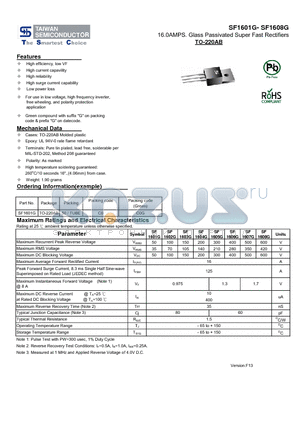 SF1608G datasheet - 16.0AMPS. Glass Passivated Super Fast Rectifiers