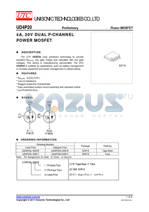 UD4P20G-S08-R datasheet - 4A, 20V DUAL P-CHANNEL POWER MOSFET